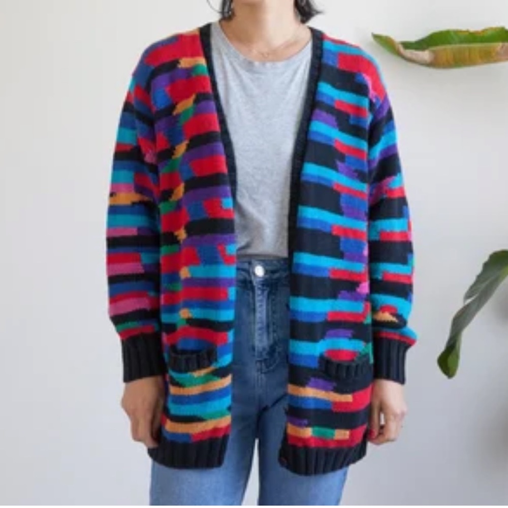 80s colorful cardigan sweater rare. S-M multicolor cotton hand knit.